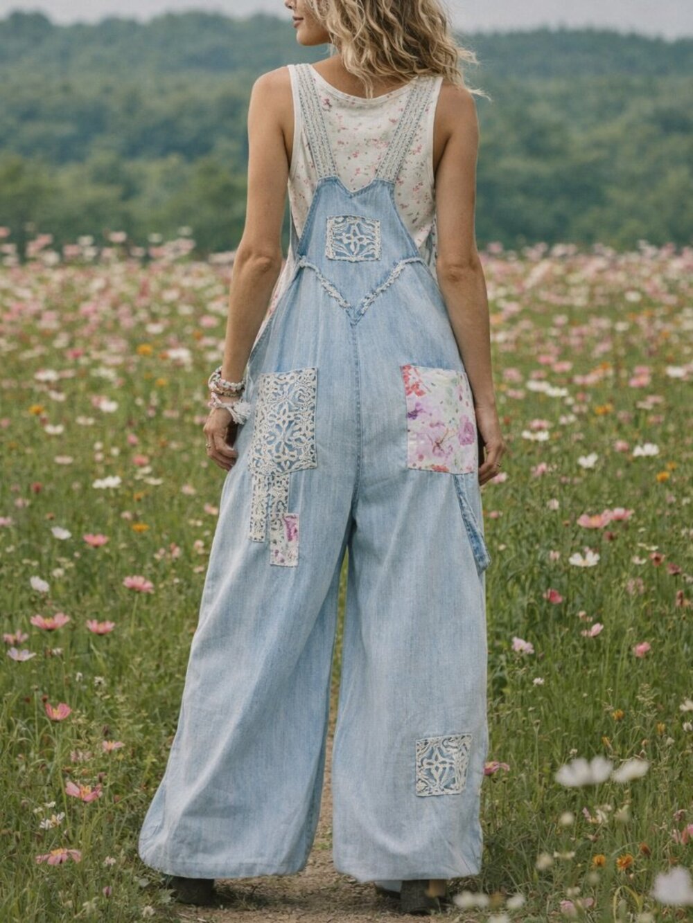 POL Sweet Boho Baby Faded Denim Floral & Lace Patchwork Girly Suspender Overalls - Picture 3 of 10